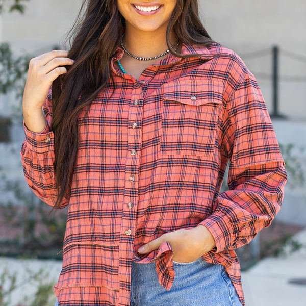 Plaid Long Sleeve Side Split Distressed Shirt