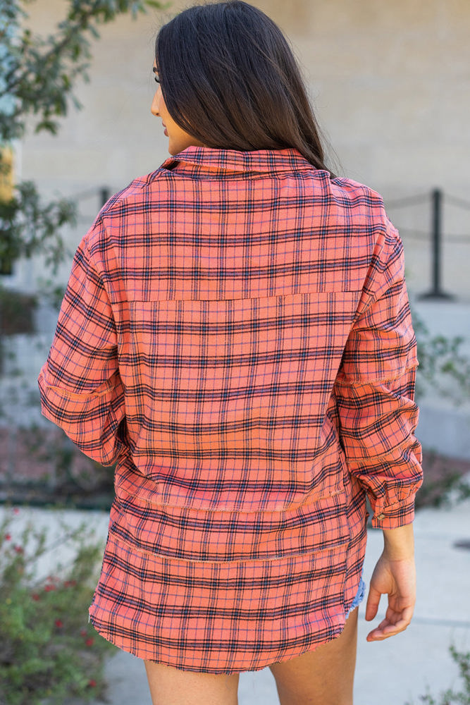 Plaid Long Sleeve Side Split Distressed Shirt