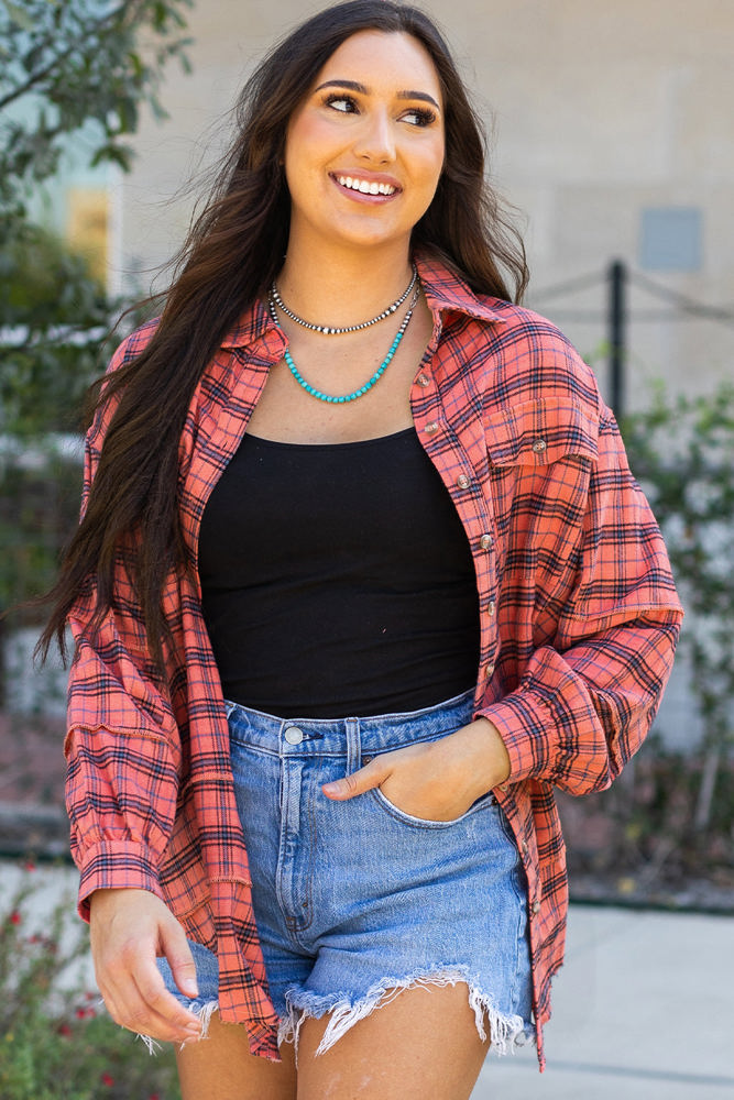 Plaid Long Sleeve Side Split Distressed Shirt