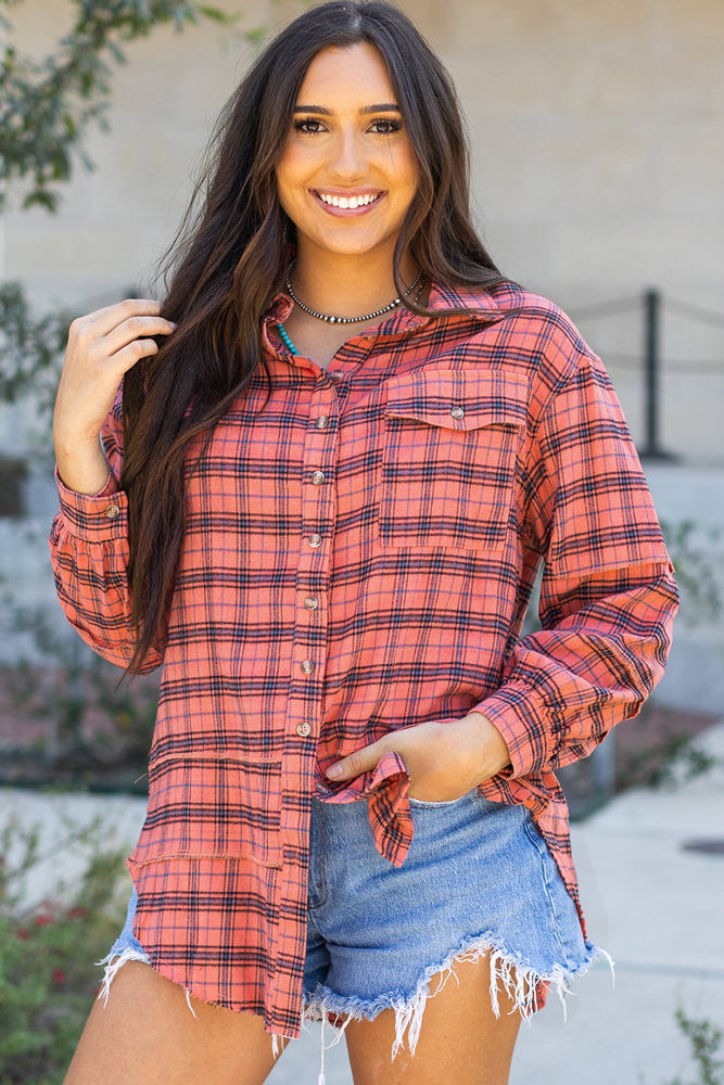 Plaid Long Sleeve Side Split Distressed Shirt