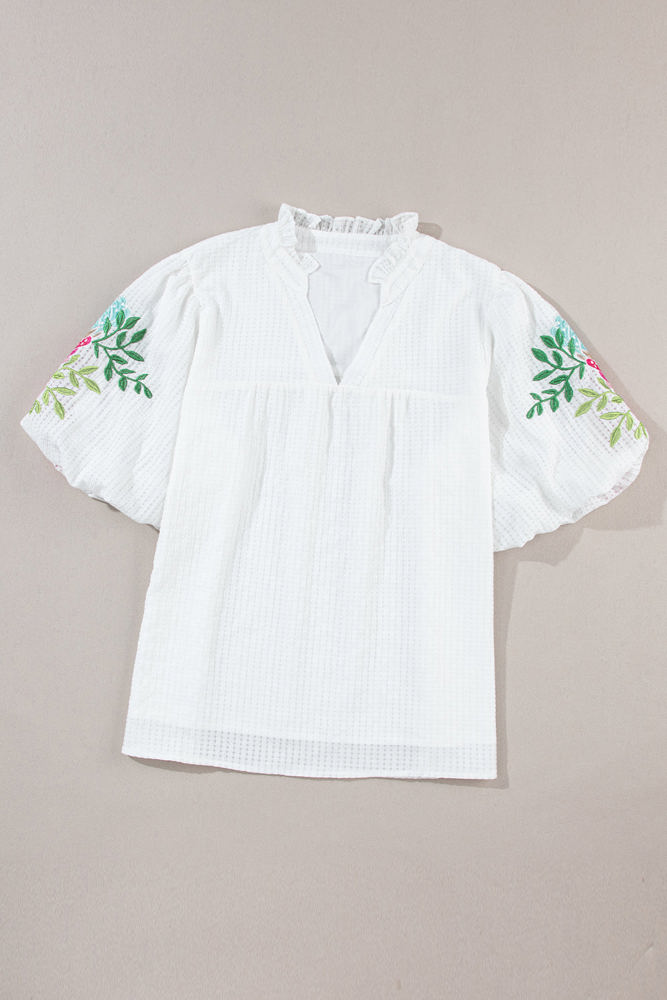 Priscilla Embroidered Puff Sleeve Notched Neck Blouse