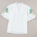  Priscilla Embroidered Puff Sleeve Notched Neck Blouse