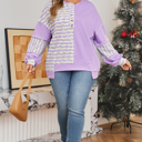  Purple Stripe Patchwork Buttoned Drop Shoulder Plus Size Pullover