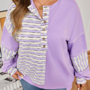  Purple Stripe Patchwork Buttoned Drop Shoulder Plus Size Pullover