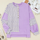  Purple Stripe Patchwork Buttoned Drop Shoulder Plus Size Pullover