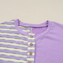  Purple Stripe Patchwork Buttoned Drop Shoulder Plus Size Pullover