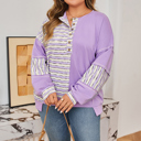 Purple Stripe 2X Purple Stripe Patchwork Buttoned Drop Shoulder Plus Size Pullover
