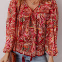  Quinn Paisley Tassel Tie Puff Sleeve Boho Blouse