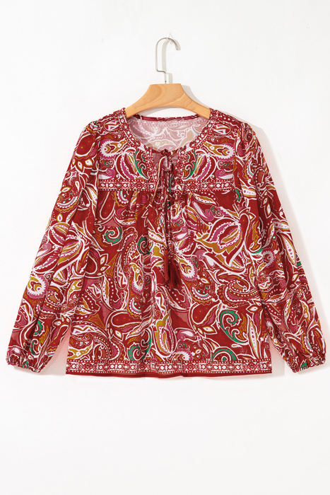 Quinn Paisley Tassel Tie Puff Sleeve Boho Blouse