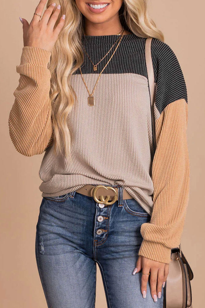 Rachel Block Long Sleeve Ribbed Loose Top