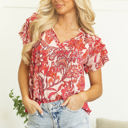  Raina Vintage Floral Ruffle Sleeve V Neck Blouse