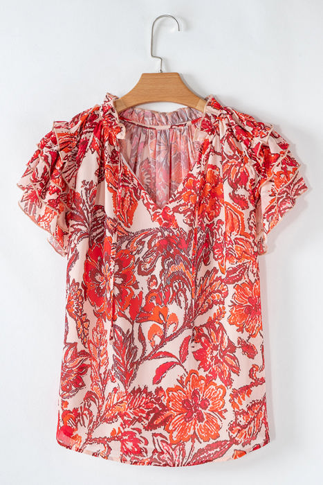 Raina Vintage Floral Ruffle Sleeve V Neck Blouse