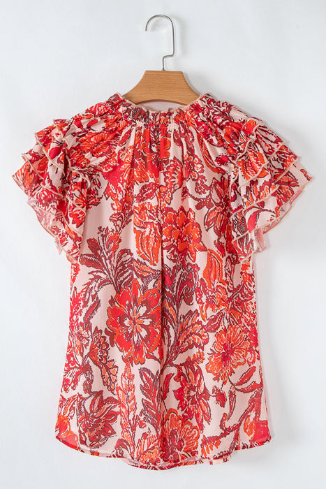 Raina Vintage Floral Ruffle Sleeve V Neck Blouse