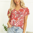 Red XL Raina Vintage Floral Ruffle Sleeve V Neck Blouse