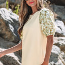  Rayne Floral Bubble Sleeve Patchwork Ribbed Top