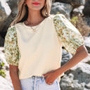  Rayne Floral Bubble Sleeve Patchwork Ribbed Top