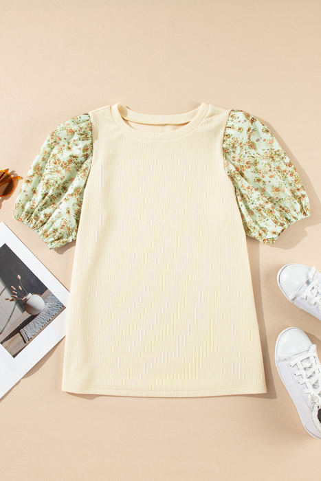 Rayne Floral Bubble Sleeve Patchwork Ribbed Top