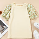  Rayne Floral Bubble Sleeve Patchwork Ribbed Top