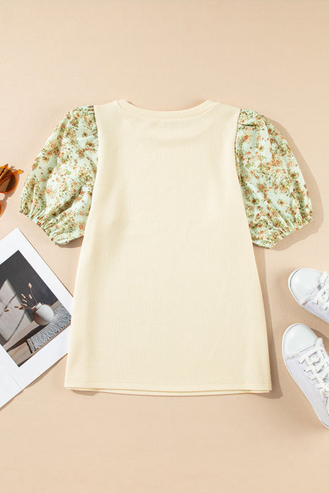 Rayne Floral Bubble Sleeve Patchwork Ribbed Top