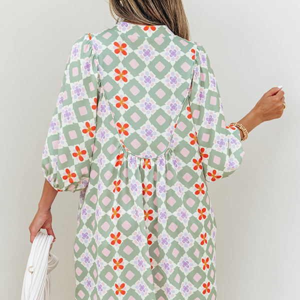 Reagan Floral Print 3/4 Sleeve Notched Neck Mini Dress