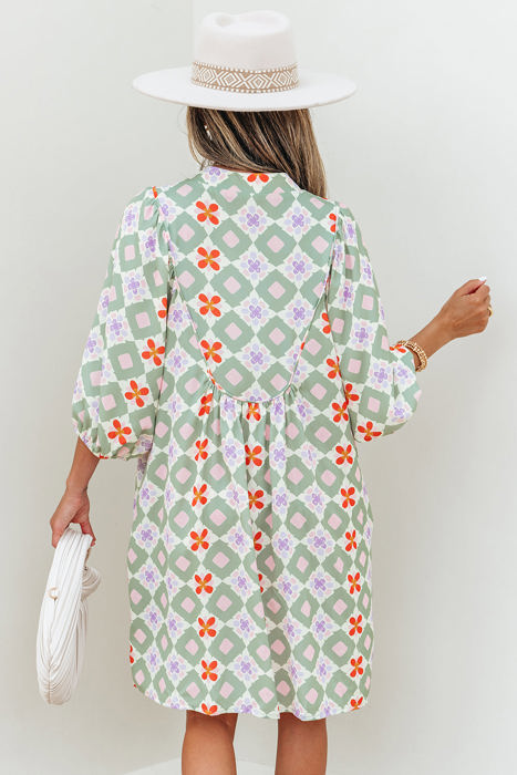 Reagan Floral Print 3/4 Sleeve Notched Neck Mini Dress