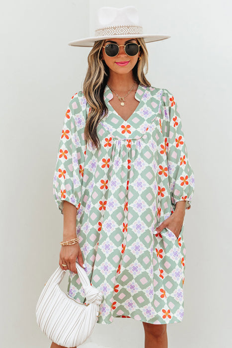 Reagan Floral Print 3/4 Sleeve Notched Neck Mini Dress