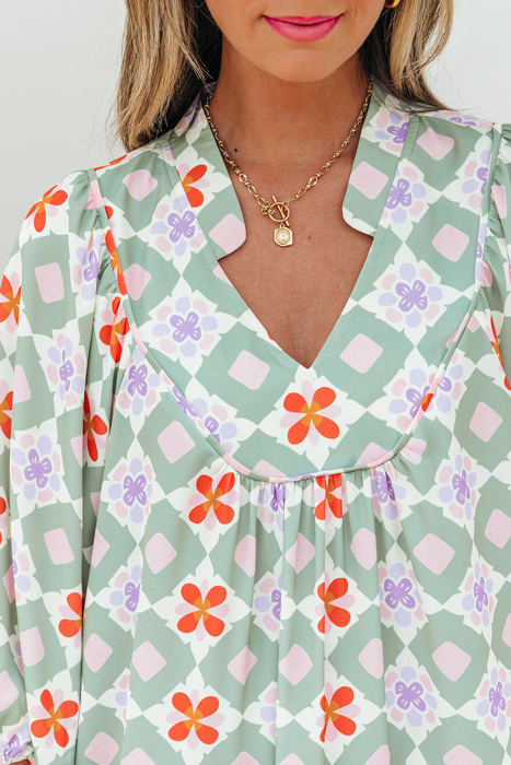 Reagan Floral Print 3/4 Sleeve Notched Neck Mini Dress