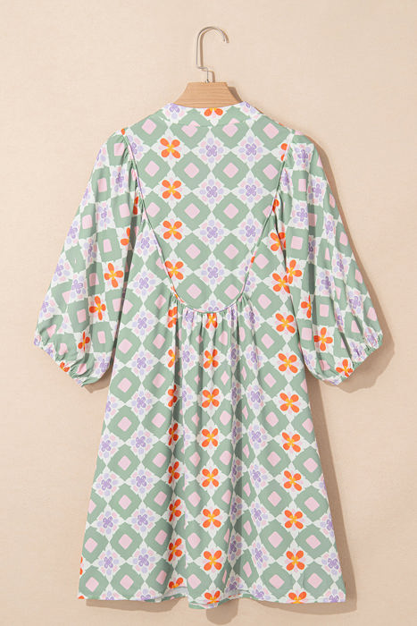 Reagan Floral Print 3/4 Sleeve Notched Neck Mini Dress