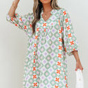 Green XL Reagan Floral Print 3/4 Sleeve Notched Neck Mini Dress