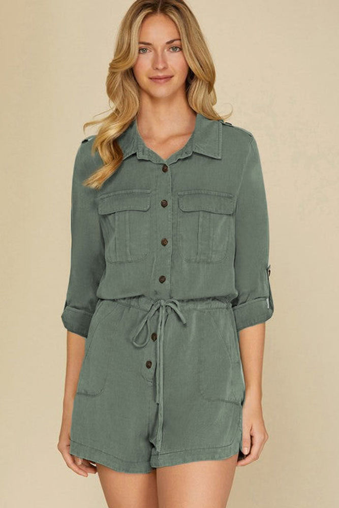 Reese Roll up Sleeve Flap Pockets Drawstring Romper