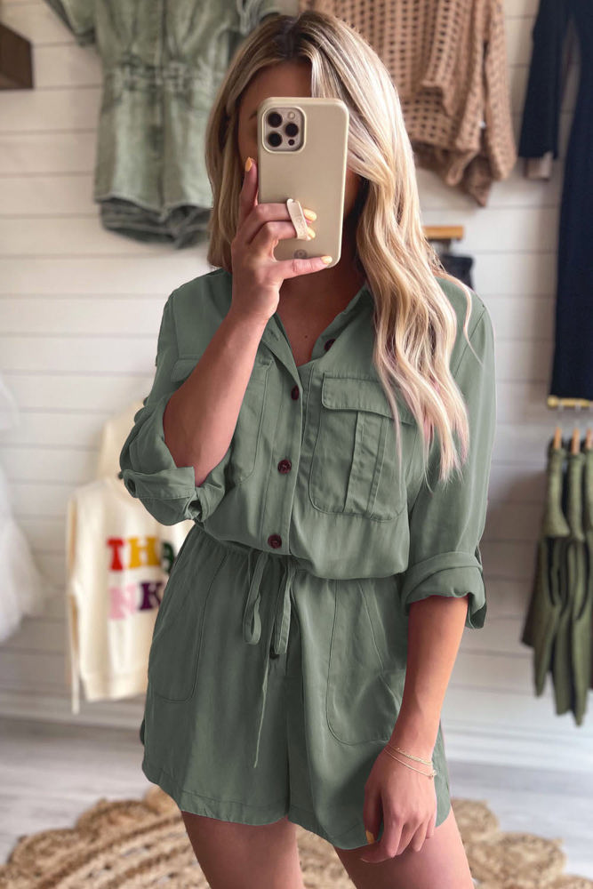 Reese Roll up Sleeve Flap Pockets Drawstring Romper