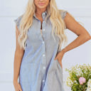  Remy Stripe Frilled Sleeveless Collar Button Up Mini Dress