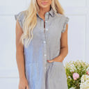  Remy Stripe Frilled Sleeveless Collar Button Up Mini Dress