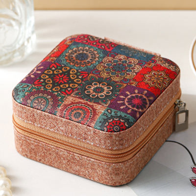 Retro Floral Print Portable Square Jewelry Box