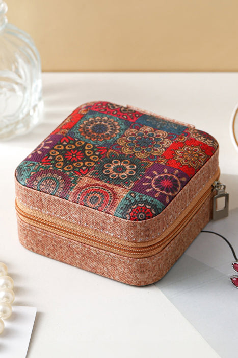 Retro Floral Print Portable Square Jewelry Box