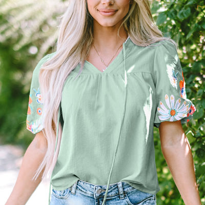 Reya Floral Embroidered Puff Sleeve Split Neck Blouse