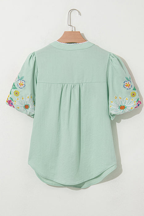 Reya Floral Embroidered Puff Sleeve Split Neck Blouse