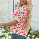  Romy Floral Striped Patchwork Collared Short Sleeve Blouse