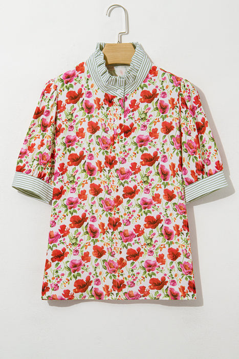 Romy Floral Striped Patchwork Collared Short Sleeve Blouse
