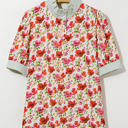  Romy Floral Striped Patchwork Collared Short Sleeve Blouse