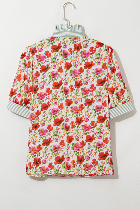 Romy Floral Striped Patchwork Collared Short Sleeve Blouse