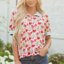 Red XL Romy Floral Striped Patchwork Collared Short Sleeve Blouse