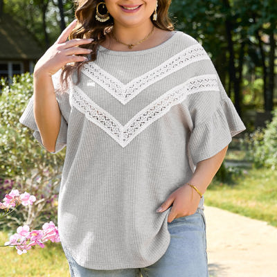 Rory Plus Size Lace Insert Waffle Ruffle Top