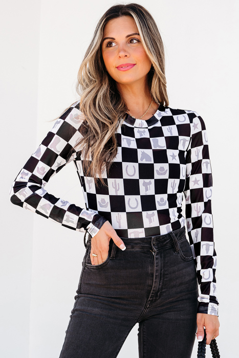 Rosalina Pattern Mesh Mock Long Sleeve Top