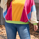  Rose Red Plus Size Colorblock Patchwork Exposed Seam Sweatshirt