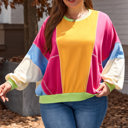  Rose Red Plus Size Colorblock Patchwork Exposed Seam Sweatshirt