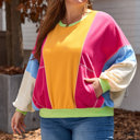  Rose Red Plus Size Colorblock Patchwork Exposed Seam Sweatshirt
