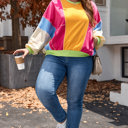  Rose Red Plus Size Colorblock Patchwork Exposed Seam Sweatshirt