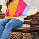  Rose Red Plus Size Colorblock Patchwork Exposed Seam Sweatshirt