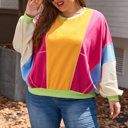 Rose Red XXXXL Rose Red Plus Size Colorblock Patchwork Exposed Seam Sweatshirt